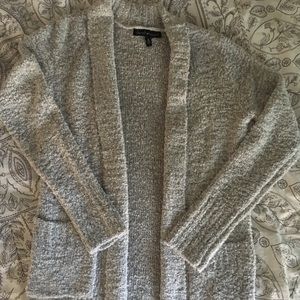 gray, white, black speckled cardigan